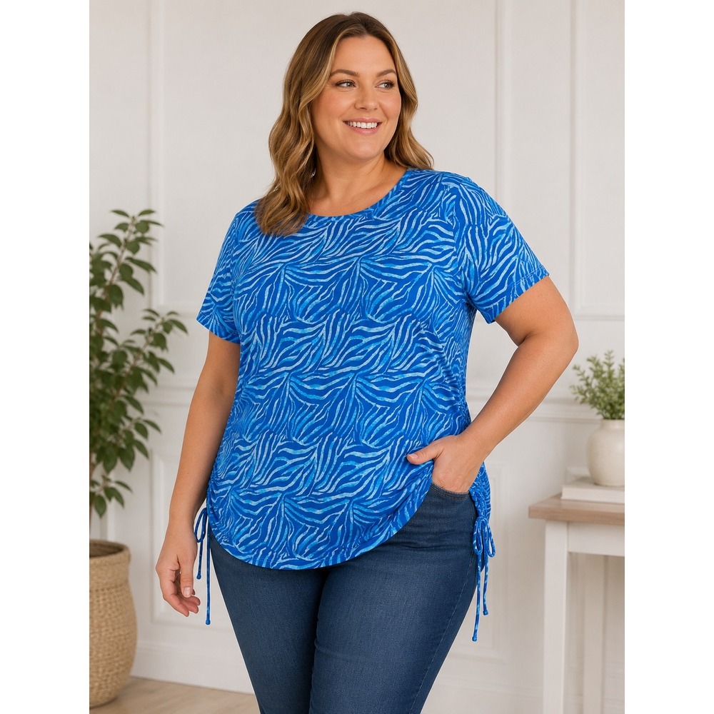 Emily Daniels Blue Animal Print Side Cinch Crew Neck Top 3X NEW